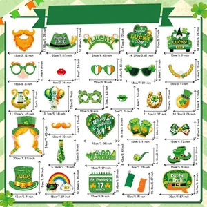 Size chart for 25-piece St. Patrick's Day photo booth props including hats and glasses