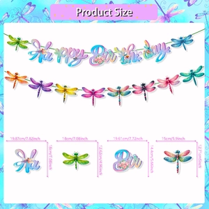 Colorful dragonfly theme Happy Birthday banner set with size dimensions for party decor