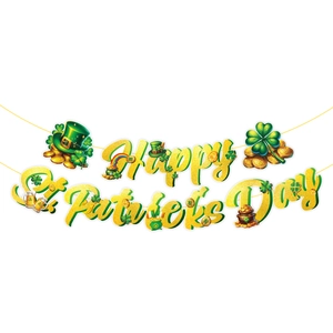Glittery Happy St. Patrick's Day banner featuring shamrocks and Irish gold motifs