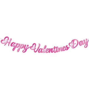 Pink glitter Happy Valentines Day banner with cursive lettering and heart cutouts for party decor