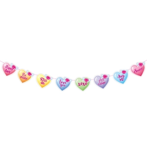 Close-up of colorful heart banners with sweet messages for Valentine decorations
