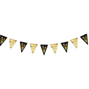 Détail d'une bannière de Nouvel An noire et dorée avec motifs champagne et feux d'artifice