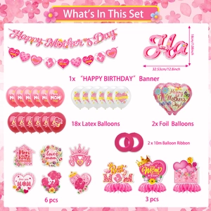 Détails du kit de fête fête des mères avec bannières, ballons et centres de table