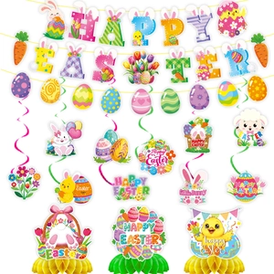 Easter Party Decoration Happy Easter Letter Banner Bunny Egg Swirls Ornaments Honeycomb Table Centerpieces Hanging Decor