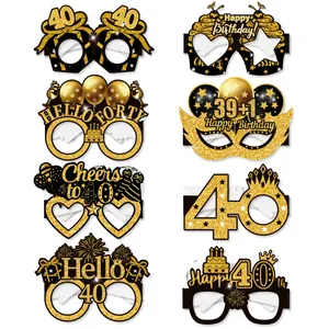 Set of 8 glittery black and gold 40th birthday cardstock photo booth eyewear props