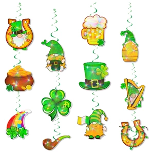 St. Patrick's Day hanging swirls with shamrocks, gnomes, and rainbow party ornaments