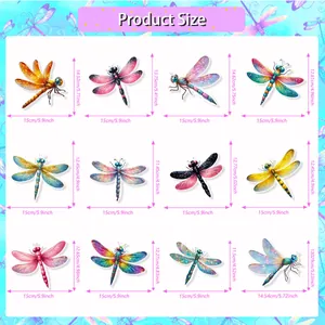 Detailed size chart showing dimensions for twelve colorful dragonfly party decorations