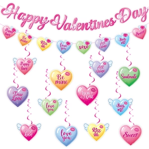 Happy Valentine's Day banner with colorful heart spiral hanging ornaments and romantic phrases