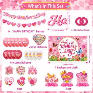 Détails du kit de fête fête des mères avec bannière rose, ballons et fond floral