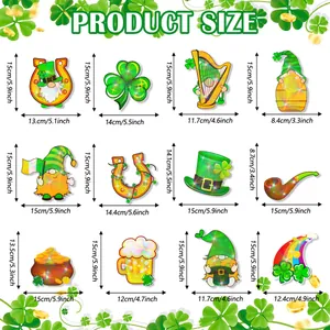 Detailed size chart for St. Patrick's Day decorations featuring various gnome designs