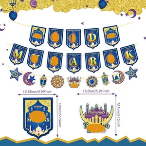 Blue and gold Eid Mubarak banner set with product dimensions for party decorations