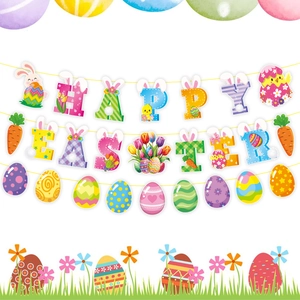 Detailed Happy Easter hanging banner with bunny, eggs and carrots for party decoration