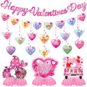 Happy Valentine's Day Banner Heart Hanging Swirls Honeycomb Centerpieces Cardboard Party Atmosphere Decoration Ornaments