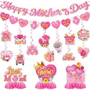 Pink Mother's Day Party Decoration Happy Mother's Day Banner Hanging Swirls Honeycomb Centerpiece Heart Pattern Paper Decor