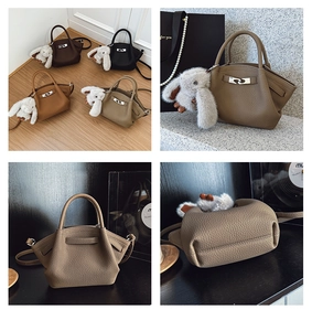 Detailed views of leather bucket bag featuring lychee texture and wing side design