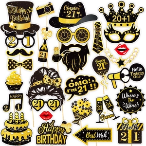 21st birthday party photo booth props set in elegant black and gold glitter finish
