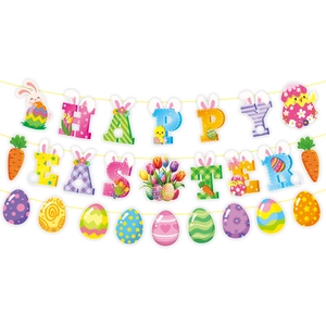 Close-up of Happy Easter banner with colorful eggs, rabbits and spring flower motifs