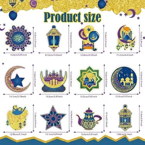 Size chart for 12 Eid Mubarak party hanging swirls featuring gold and purple moon designs