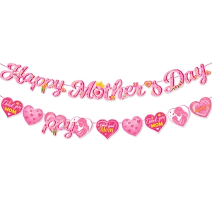 Detailed pink Happy Mother's Day banner featuring heart cards and artistic lettering