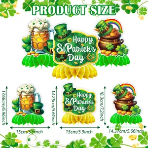 Detailed size chart for St. Patrick's Day shamrock and beer pot honeycomb centerpieces