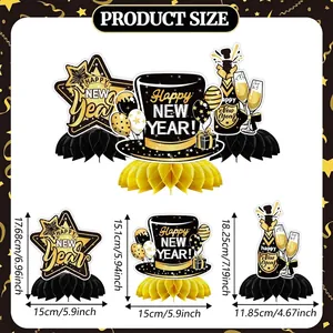 Guide des tailles pour décorations de table en nid d'abeille Nouvel An 2026 noir et or