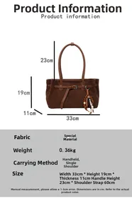 Detailed size specifications for the vintage brown faux suede tote bag with wood bead charm