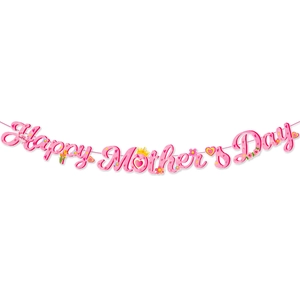 Pink Happy Mother's Day party banner with artistic font and floral heart patterns
