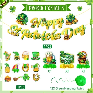 St. Patrick's Day party decorations set with glitter banner, swirls and honeycomb centerpieces