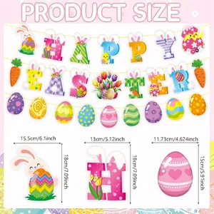 Detailed size chart for Happy Easter banner sets featuring colorful bunnies and eggs
