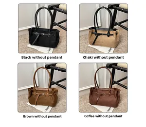 Four colors of vintage suede tote bags in black, khaki, brown, and coffee shown on a grid