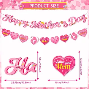 Mother's Day decoration set with pink heart banners and sizes shown on white floral background