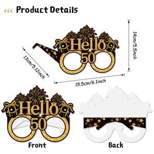 Black and gold 50th birthday party glasses with Hello 50 text and size details