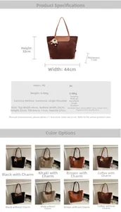 Detailed size chart for vintage suede large capacity tote bag with dimensions and specs