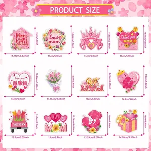 Size guide for 12pcs Mother's Day hanging decorations with heart and floral designs