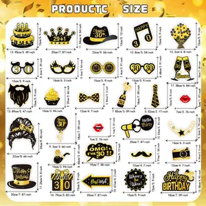 Size chart for 30th birthday photo booth props with dimensions in cm and inches