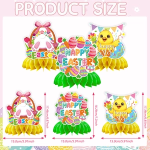 Detailed dimensions of Easter honeycomb centerpieces with bunny and egg motifs