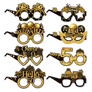8-piece set of 50th birthday party glasses in black and gold glitter festive designs