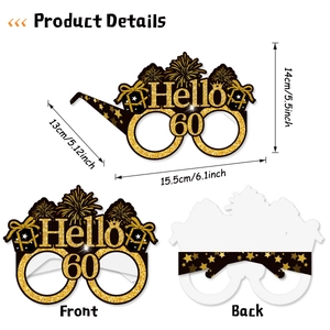 Detailed size specifications for Hello 60 black and gold glitter birthday party glasses