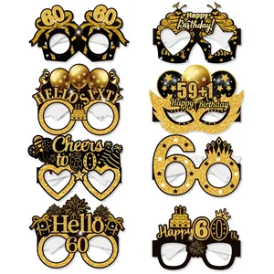 Set of 8 black and gold 60th birthday party paper glasses with glitter cake and crown