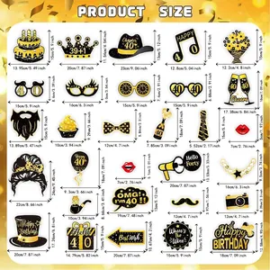 Size chart for 40th birthday photo booth props including cake, crown and party glasses