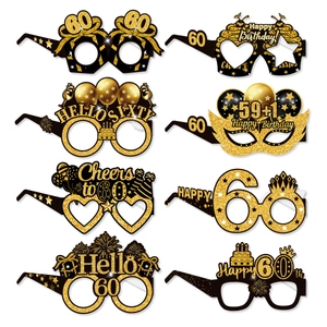 Detailed set of 8 black and gold 60th birthday party glasses with glitter accents