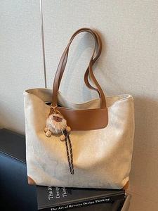 Retro Frosted PU Leather Large Capacity Tote Bag For Women Casual Commute Shoulder Bag With Plush Pendant Patchwork