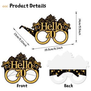 Detailed view of 70th birthday party glasses with black gold glitter and dimensions