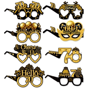 Set of 8 black and gold glitter paper glasses for 70th birthday party celebration