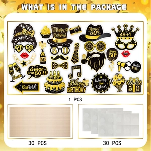 50th birthday photo booth props set with black and gold cardstock accessories