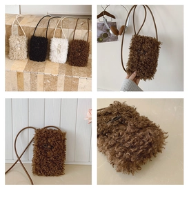 Detail of plush faux fur bucket bags in four colors with toggle button and soft texture
