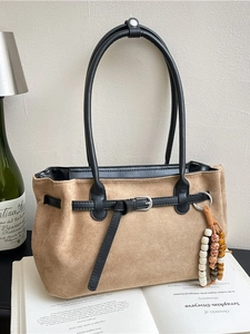 Women Retro Suede Large Capacity Tote Bag Vintage Shoulder Commuter Bag With Bead Pendant Solid Color Casual Handbag