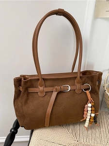 Retro brown faux suede tote bag with leather straps and decorative bead tassel for women
