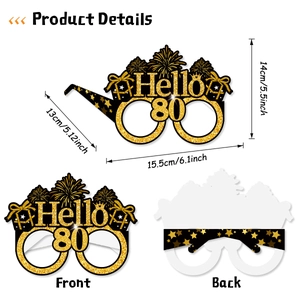 Detailed view of 80th birthday party glasses with size specs in black and gold glitter
