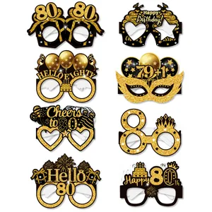 Detailed set of 8 pieces of black and gold 80th birthday party paper glasses props